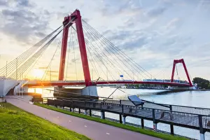 Seaport Prints: Willemsbrug crossing the water canal at sunrise in Rotterdam, Holland / Netherlands