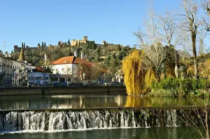 A willow tree over the Nabao river and the Templar castle on the top of the hill. Tomar