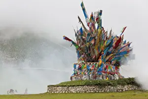 Wind Horse of buddhist prayer flags at horse festival nr Daofu, Tibetan area, Sichuan