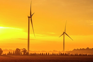 Wind Turbines Prints: Wind turbines at dawn on farmland, Bayfield, Ontario, Canada