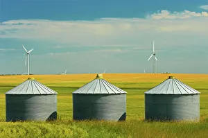 Wind Turbines Prints: Wind turbines and grain bins SOmerset, Manitoba, Canada