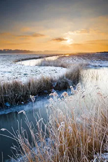 Suffolk Prints: Winding Dyke at Sunrise in Winter, Herringfleet, Suffolk, England