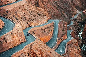 Dades Gorge Prints: Winding road in Dades Gorge mountain canyon. Famous Morocco tourist landmark, R704 way