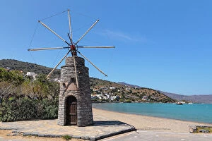 Aegean Sea Collection: Windmill at the beach of Elounda, Mirabello Gulf, Lasithi, Crete, Greece