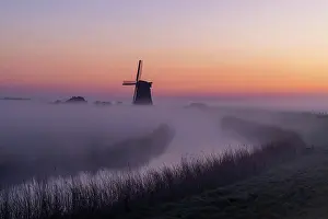 Moody Light Prints: A windmill & canal in the mist at dawn, North Holland, Netherlands