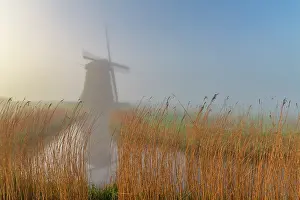Canal Prints: Windmill in Mist, Schermerhorn, Holland, Netherlands
