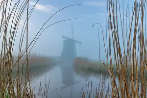 Reedbed Prints: Windmill in Mist, Schermerhorn, Holland, Netherlands