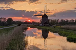 Canal Prints: Windmill Reflecting in Dyke at Sunset, Oterleek, Holland, Netherlands