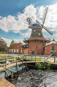 Fehnland Prints: Windmill WestGrossefehn on the Fehn Canal, Grossefehn, East Frisia, Lower Saxony, Germany