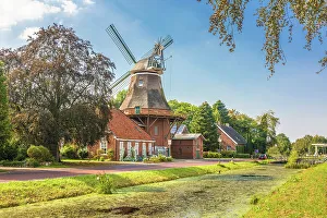 Fehnland Prints: Windmill WestGrossefehn on the Fehn Canal, Grossefehn, East Frisia, Lower Saxony, Germany