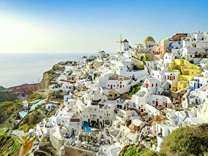 Agean Prints: Windmills and classic Greek Architecture, Caldera View, Oia, Santorini, Greece