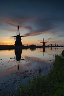Windmills of Kinderdijk at Sunrise, Holland, Netherlands