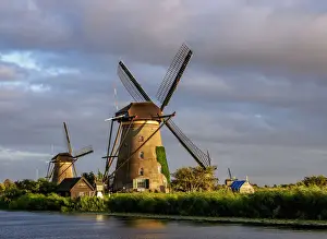 Windmills in Kinderdijk at sunset, UNESCO World Heritage Site, South Holland