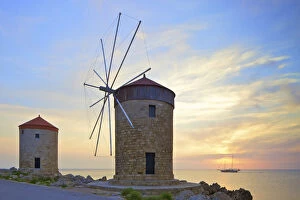 Windmills, Mandraki Harbour, Rhodes, Dodecanese, Greek Islands, Greece, Europe