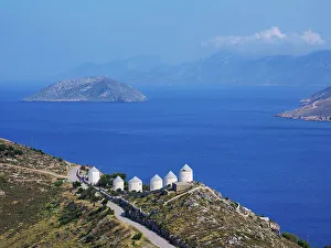 Aegean Sea Prints: Windmills of Pandeli, elevated view, Leros Island, Dodecanese, Greece