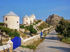 Aegean Sea Prints: Windmills of Pandeli with Medieval Castle in the background