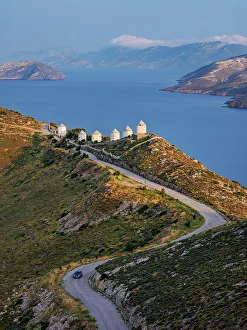 Aegean Sea Prints: Windmills of Pandeli at sunset, elevated view, Leros Island, Dodecanese, Greece