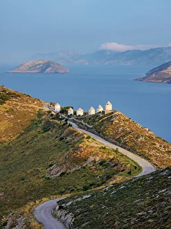 Windmills of Pandeli at sunset, elevated view, Leros Island, Dodecanese, Greece