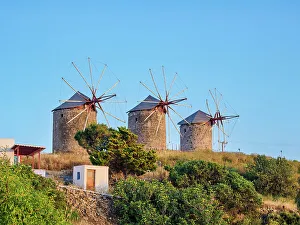 Aegean Sea Prints: Windmills of Patmos Chora at sunset, Patmos Island, Dodecanese, Greece