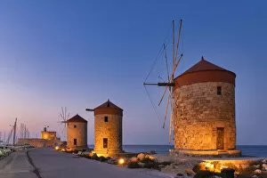 Windmills & St. Nicholas Fortress at Night, Rhodes, Dodecanese Islands, Greece
