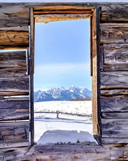 Jackson Hole Prints: Window of old Farmhouse with views of the Teton Mountain Range Grand Teton National Park