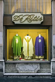 Window shop at De Ritis, an historical store specialised in ecclesiastical wares, Rome