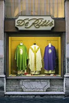Store Prints: Window shop at De Ritis, an historical store specialised in ecclesiastical wares, Rome