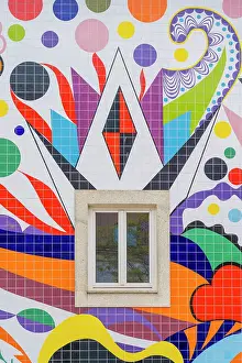 Murals Prints: A window and tiled colourful wall mural by Joana Vasconcelos, Porto, Portugal, Europe