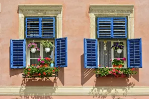 Windows in the old town of Sibiu. Transylvania, Romania