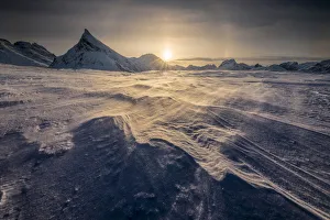 Rugged Peak Prints: Windy sunset along the fjord near Fredvang, Lofoten islands, Norway