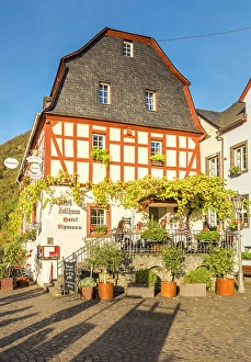 Wine Growing Region Prints: Wine bar on the waterfront in Beilstein on the Mosel, Mosel, Rhineland-Palatinate, Germany