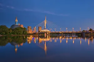 Red River Prints: WInnipeg City skyline reflected in the Red River at dawn, Winnipeg, Manitoba, Canada