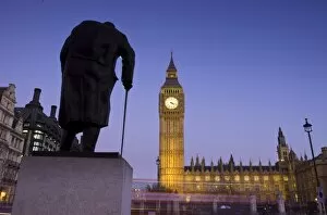 Images Dated 25th November 2008: Winston Churchill Statue, Big Ben, Houses of Parliamant, London, England