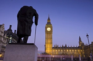 Images Dated 25th November 2008: Winston Churchill Statue, Big Ben, Houses of Parliamant, London, England
