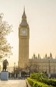 Winston Churchill statue from Parliament Square and Big Ben, also known as Elizabeth Tower