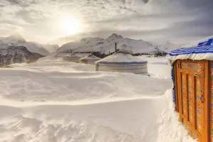 Winter blizzard at Mongolian tent at Alp Flix, Sur, Surses, Parc Ela, Region of Albula