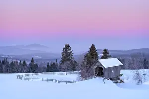 Timber Prints: Winter dawn at the A.M. Foster Bridge, Green Mountains, Cabot, Vermont, USA
