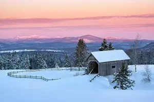 Timber Prints: Winter dawn at the A.M. Foster Bridge, Green Mountains, Cabot, Vermont, USA