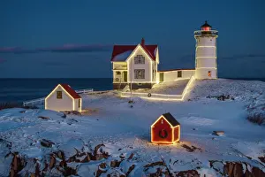 Christmas Lights Prints: Winter dusk with holiday lights at Nubble Lighthouse, York, Maine, USA