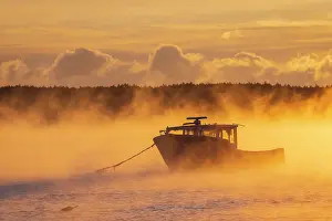 Sea Smoke Prints: Winter fog over fishing boat at Five Islands, Maine, USA