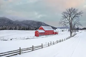 Farmhouse Prints: Winter at historic Pioneer Farm with farmer fence, Columbia, New Hampshire, USA