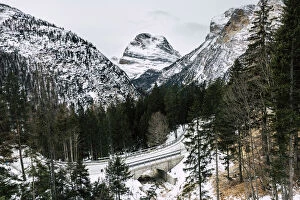 Winter landscape and bridge, Dolomites Alps, Alto Adige, Italy