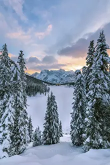 Transparent Prints: winter landscape of Misurina at sunset with Dolomites on background, Auronzo di Cadore