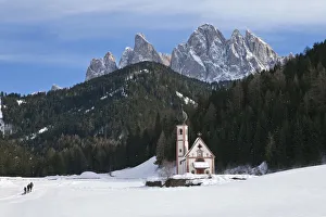 Ski Resorts Prints: Winter landscape of St Johann Church in Ranui in Villnoss, , Geisler Spitzen (3060m)
