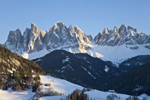 Ski Resorts Prints: Winter landscape of St. Magdalena village and church, Geisler Spitzen (3060m), Val