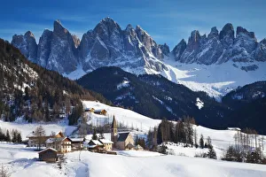 Ski Resort Prints: Winter landscape of St. Magdalena village and church, Geisler Spitzen (3060m), Val
