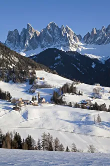 Ski Resort Prints: Winter landscape of St. Magdalena village and church, Geisler Spitzen (3060m), Val