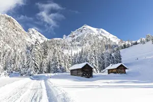 Touristic Destination Prints: winter landscape in Villnoss with two alpine huts into a snowz forest