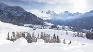 Geisler Prints: Winter landscape in Villnoss with Geisler Group in the background