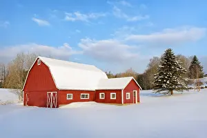 Q3 2025 Prints: Winter morn over red barn, Green Mountains, Danville, Vermont, USA